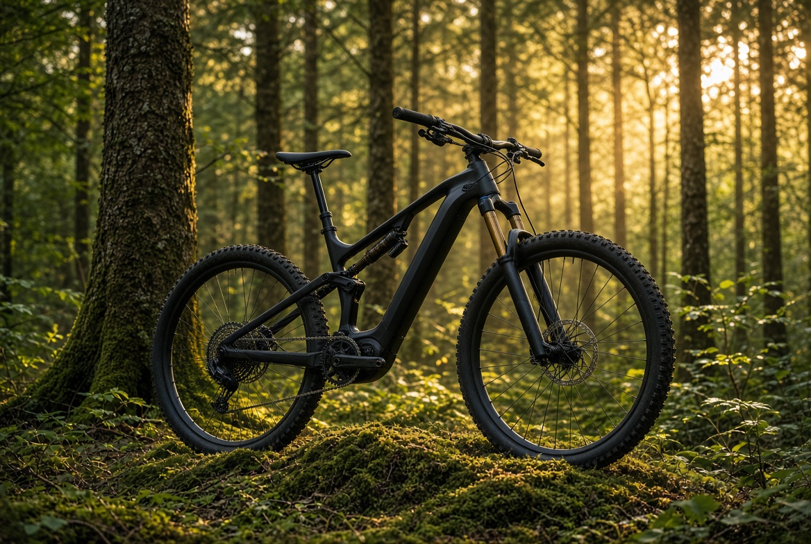 Schwarzes Enduro im Wald, eigenes Motiv ohne Herstellerlogo